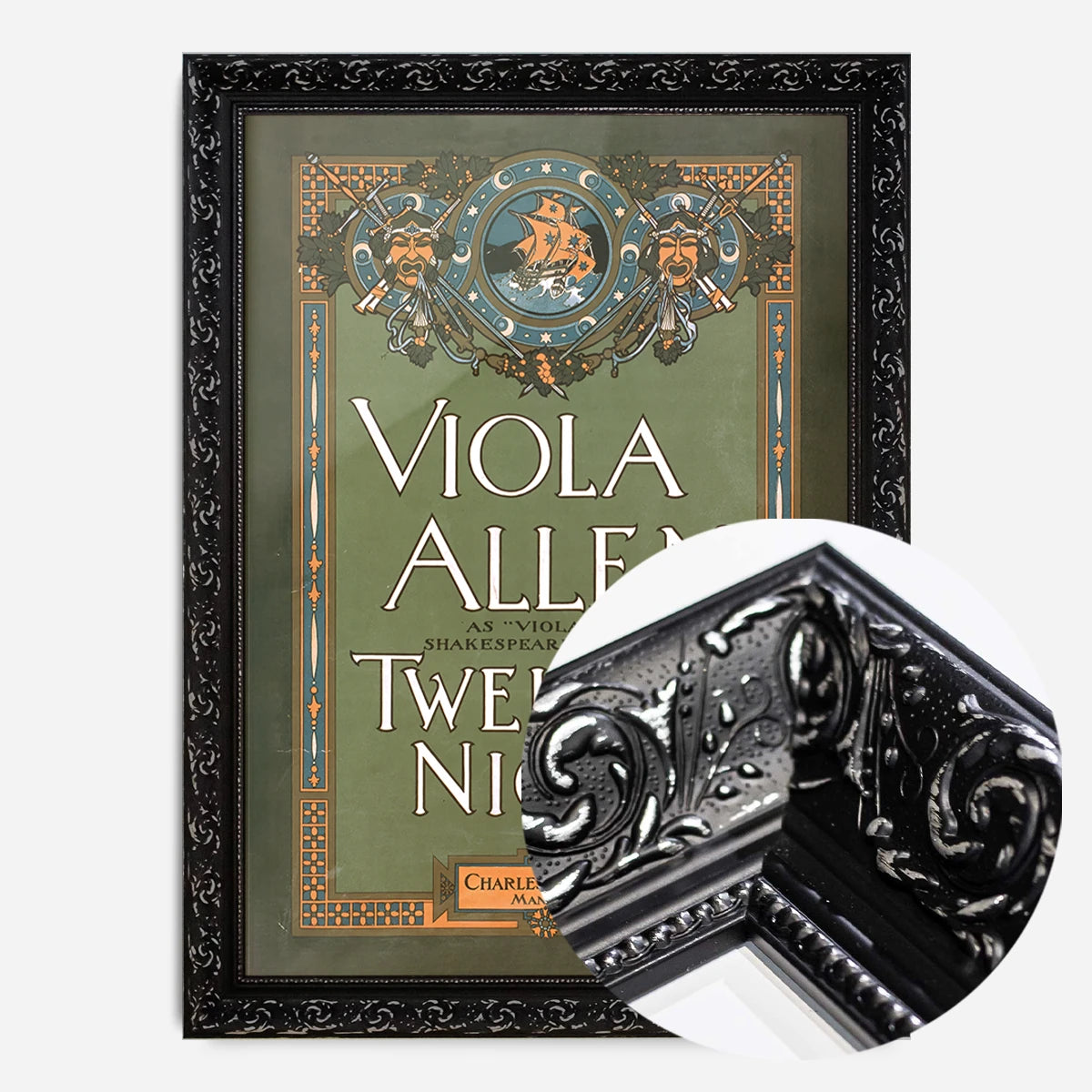 vintage Twelfth Night theatre poster print in a black ornate frame, side profile