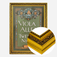 vintage Twelfth Night theatre poster print in a gold ornate frame, side profile