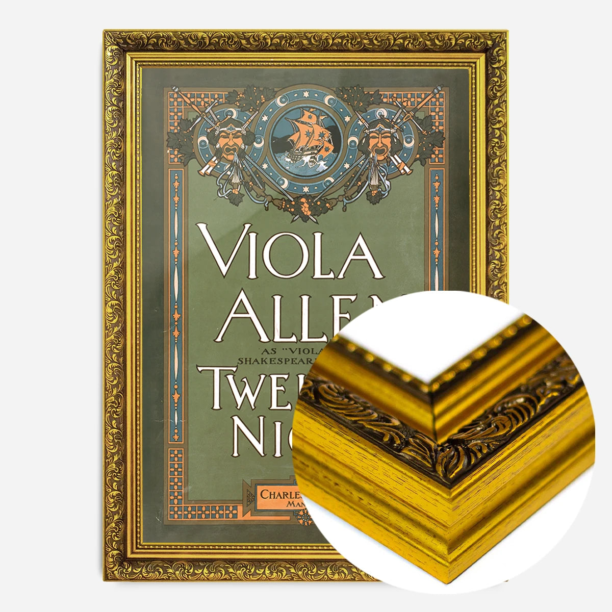 vintage Twelfth Night theatre poster print in a gold ornate frame, side profile
