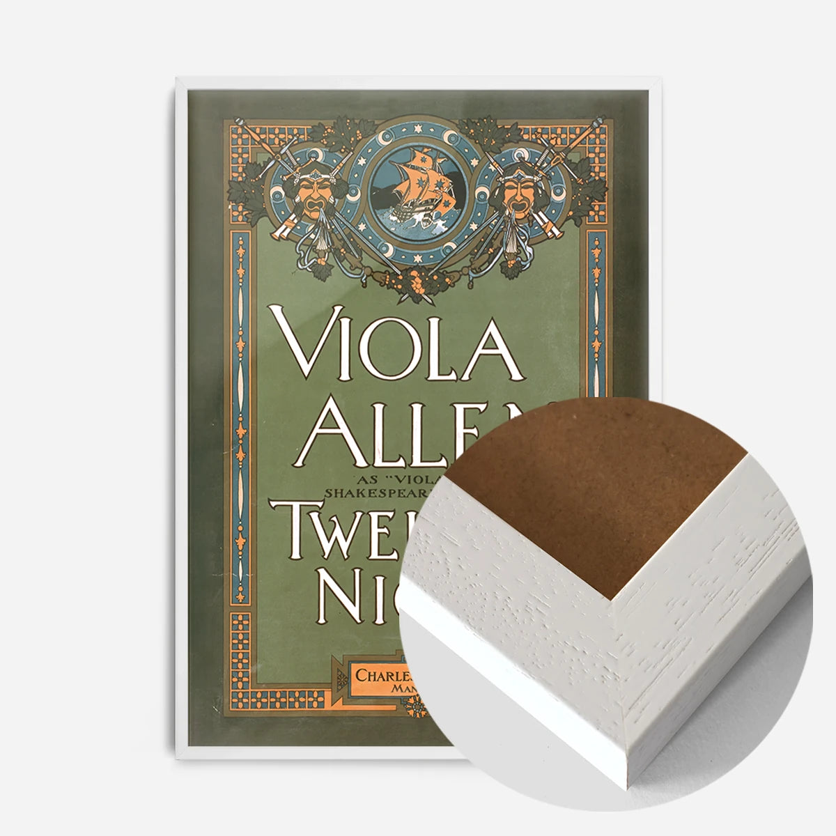 vintage Twelfth Night theatre poster print in a white wood frame, side profile