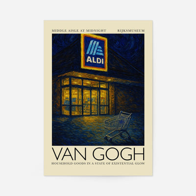 Van Gogh style oil painting of a glowing Aldi store at night with a lone shopping trolley, van gogh aldi print