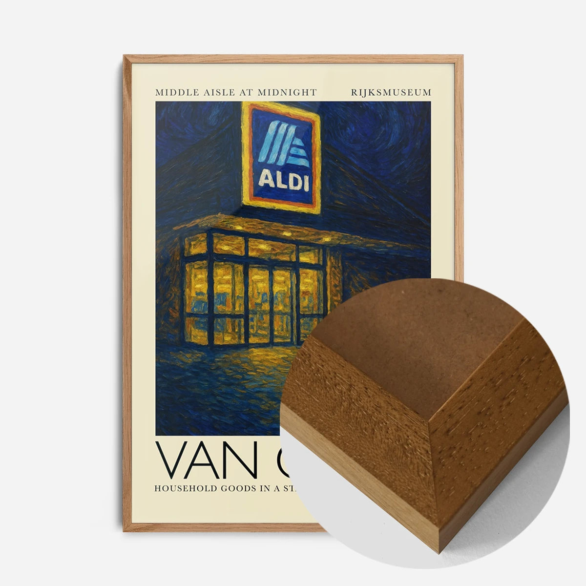 Van Gogh style Aldi storefront print in an oak wood frame, side profile