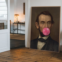 Altered art portrait with pink bubblegum bubble in a hallway setting