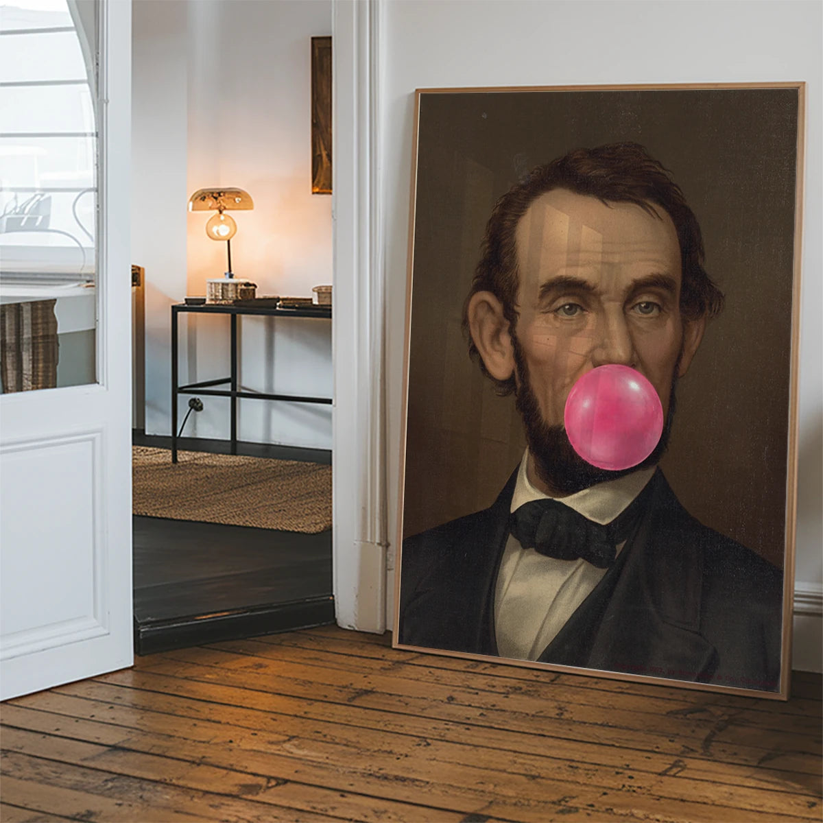 Altered art portrait with pink bubblegum bubble in a hallway setting