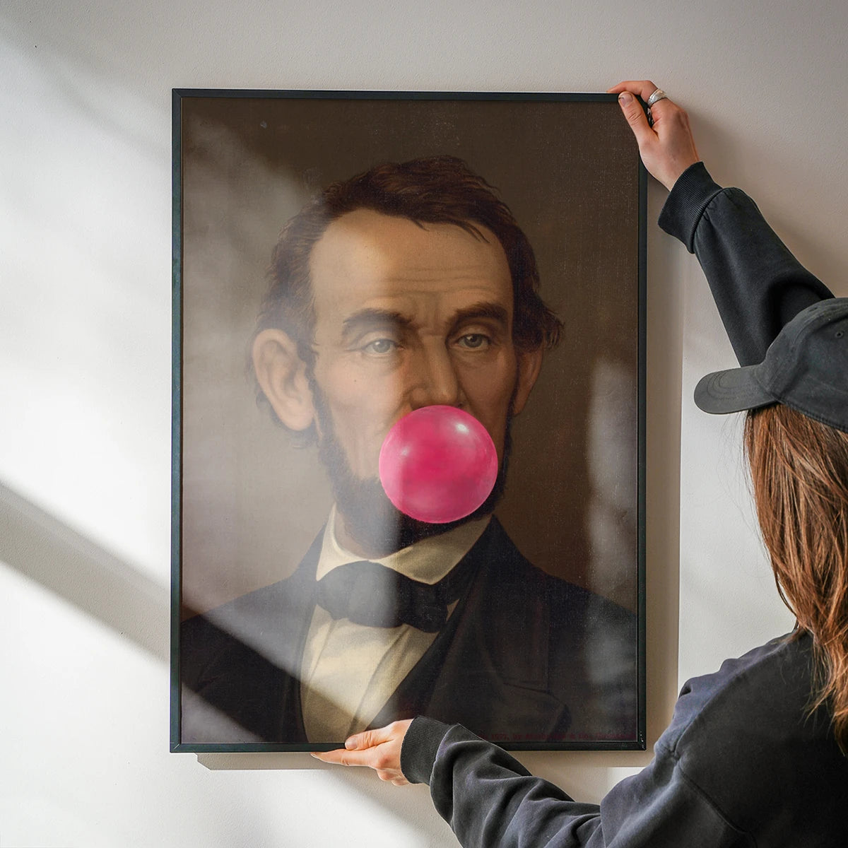 Funny pop art portrait print on a modern kitchen wall