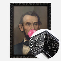 vintage portrait bubblegum bubble print in a black ornate frame, side profile