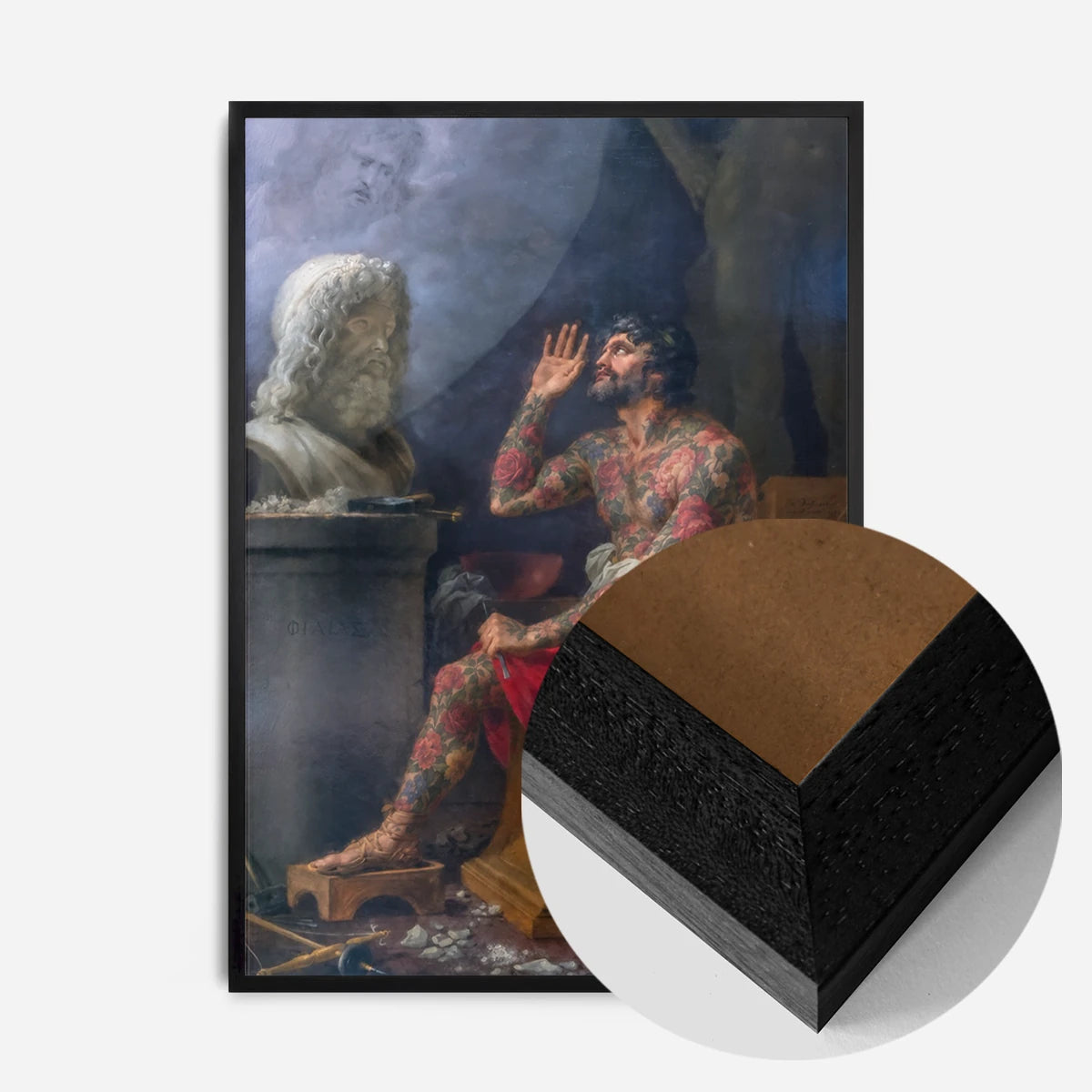 tattooed sculptor painting print in a black wood frame, side profile
