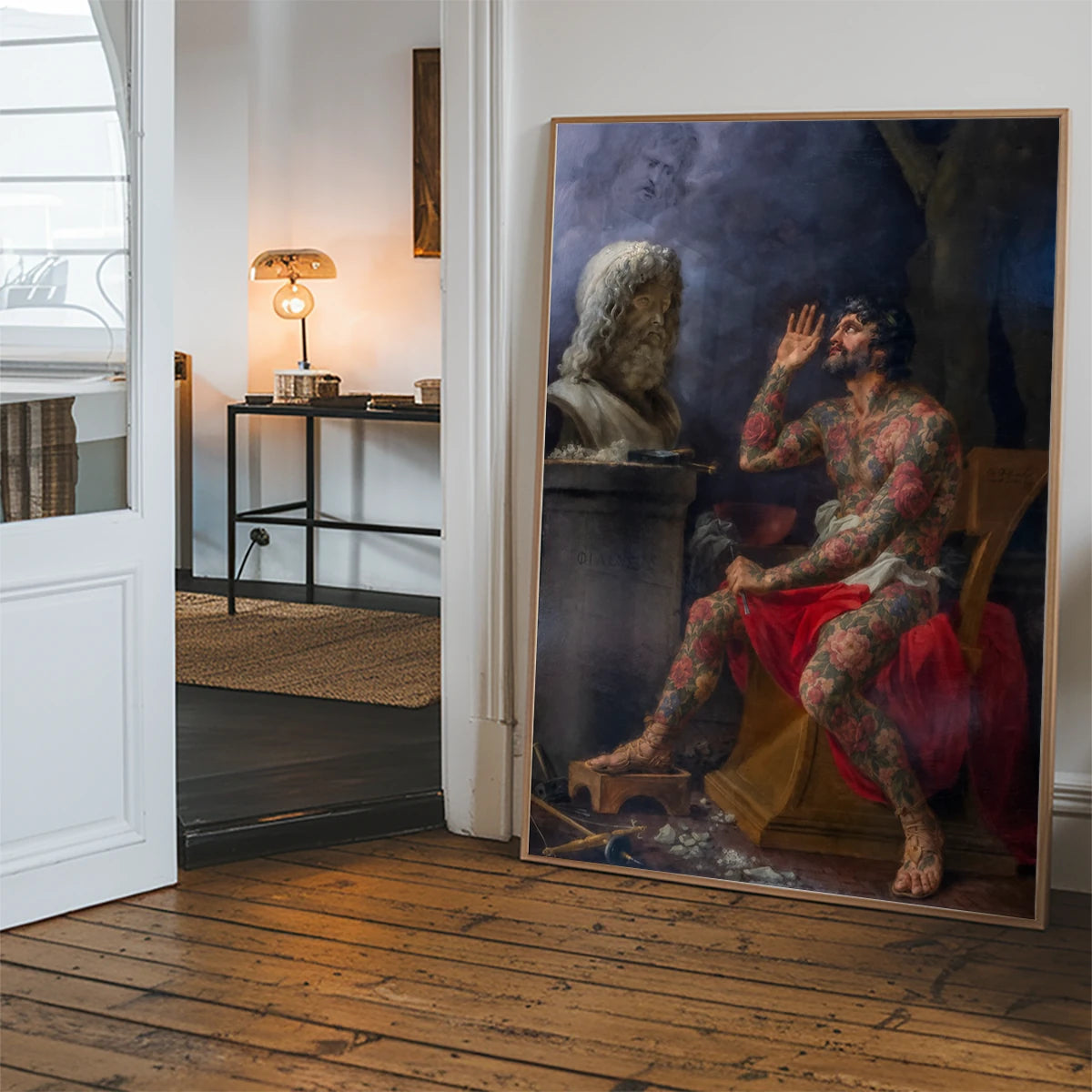 Tattoo man art print hung in a hallway as a dramatic classical statement piece