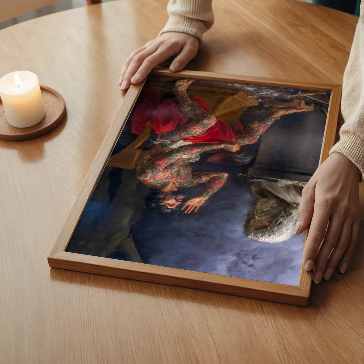 Tattooed sculptor painting print framed above a bed in a bedroom