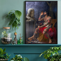 Framed tattoo man art print on a home office wall
