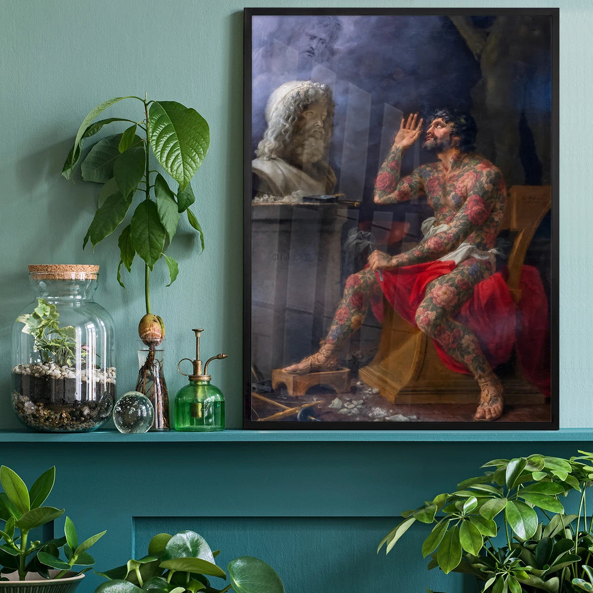 Framed tattoo man art print on a home office wall