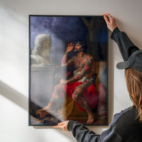 Tattooed sculptor painting print as a bold feature in a kitchen