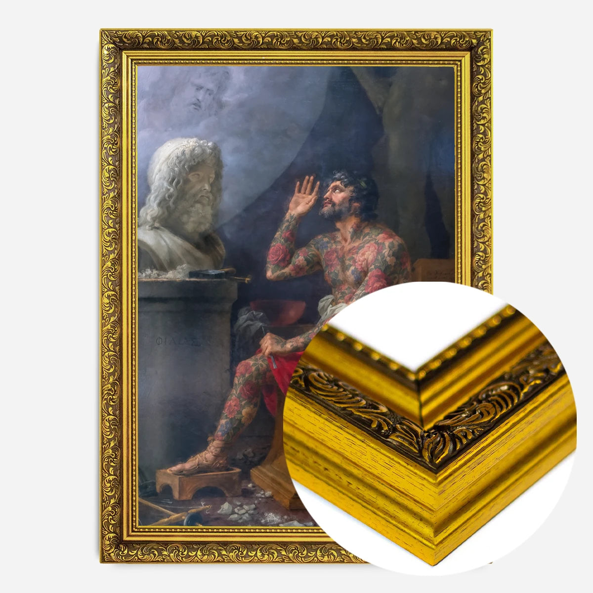 tattooed sculptor painting print in a gold ornate frame, side profile