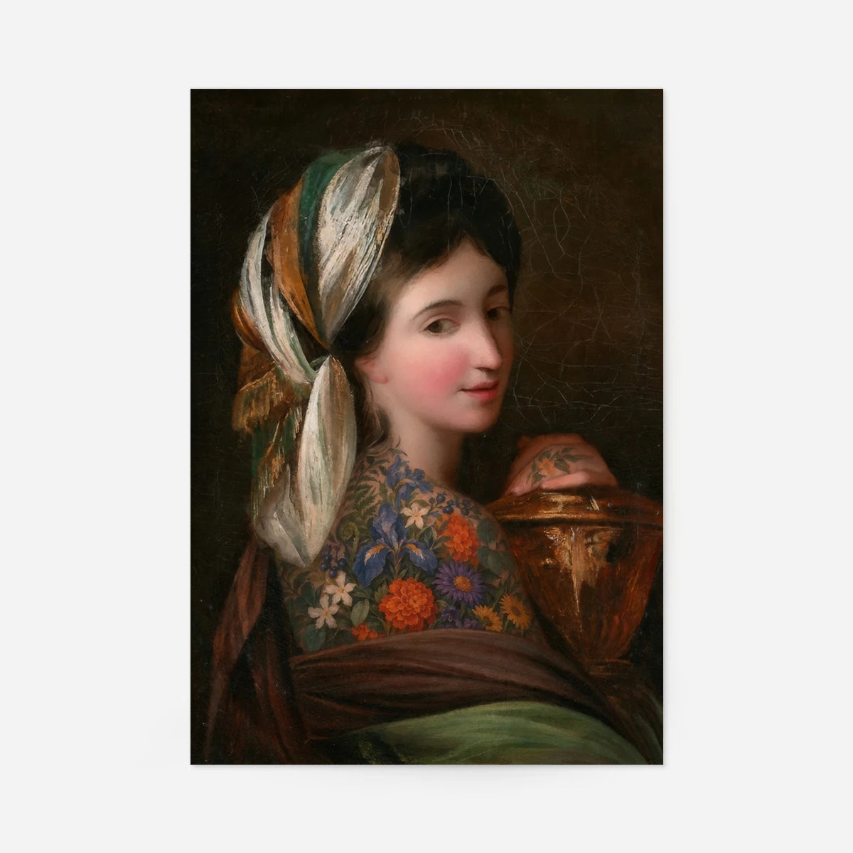 Tattoo Lady 2 vintage portrait of a woman with floral tattoos and a silk headscarf, classical oil painting style