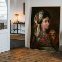 Floral tattooed woman portrait print on a hallway wall