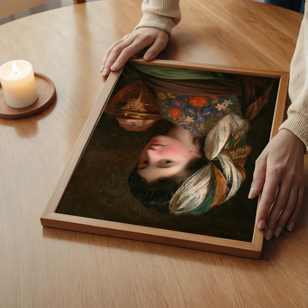 Tattoo lady portrait print hanging in a bedroom