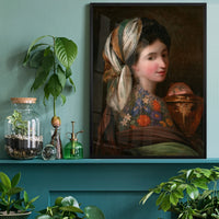 Floral tattooed woman portrait print in a home office