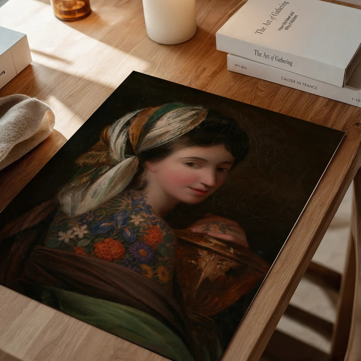 Vintage floral portrait print on a dining room wall