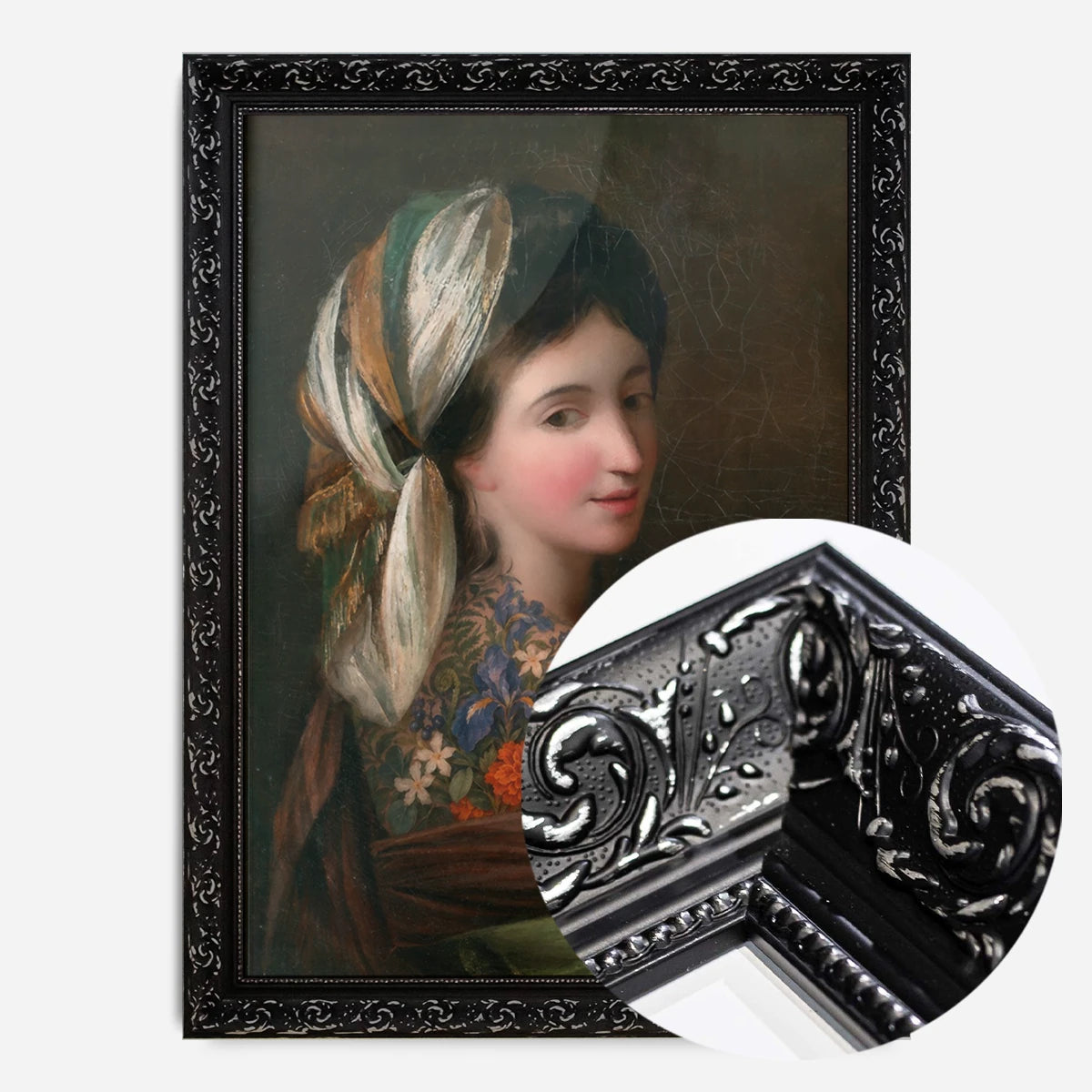 floral tattooed woman portrait print in a black ornate frame, side profile