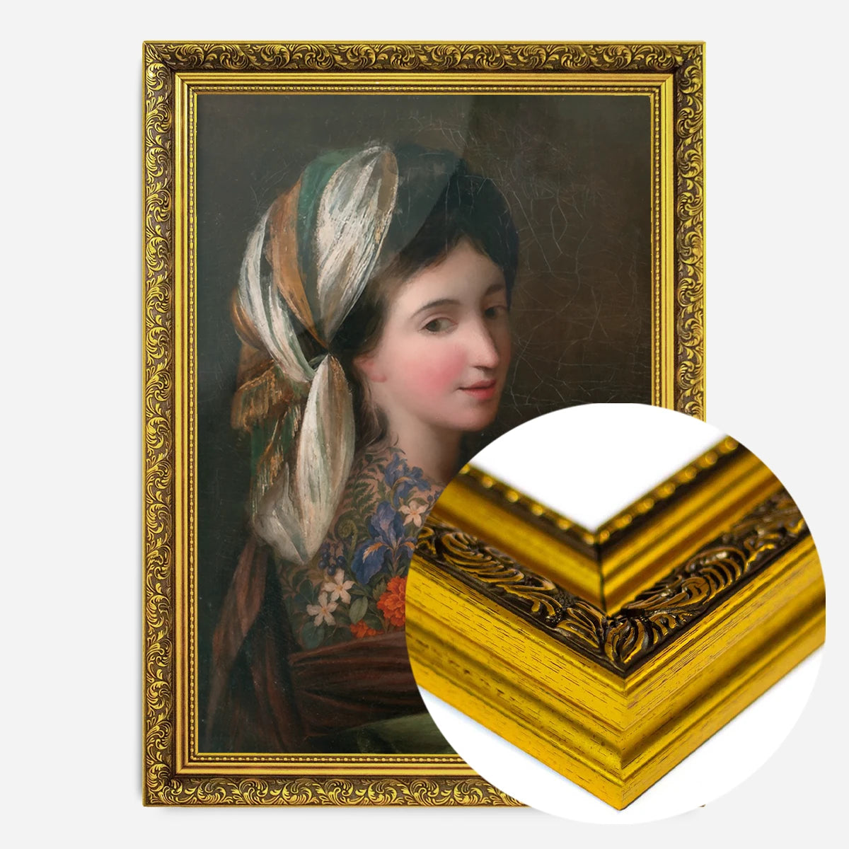 floral tattooed woman portrait print in a gold ornate frame, side profile