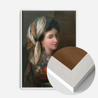 floral tattooed woman portrait print in a white wood frame, side profile