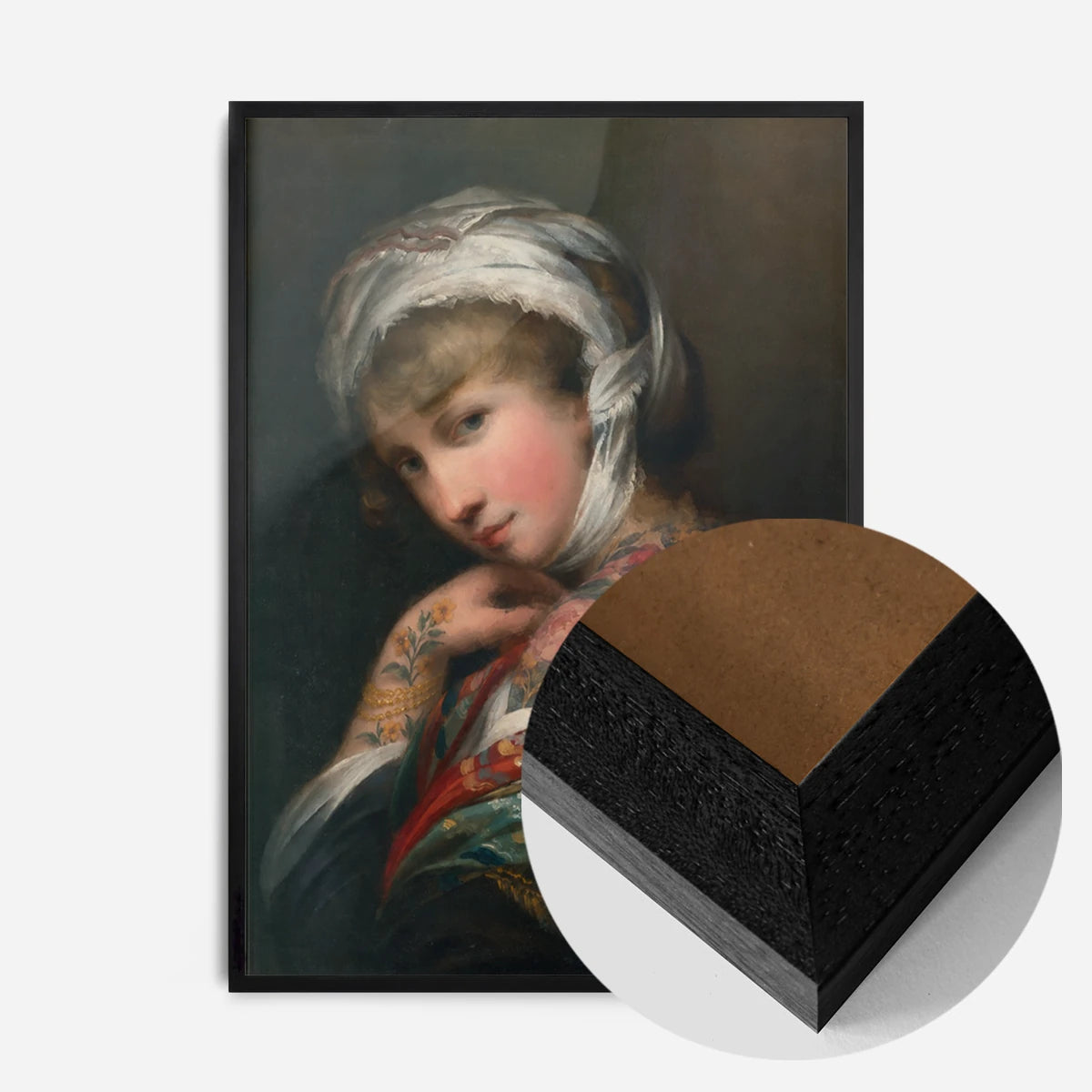 floral tattooed lady portrait print in a black wood frame, side profile