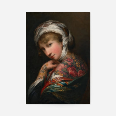 Tattoo lady portrait print: young woman in white headscarf and floral shawl, vintage painting style