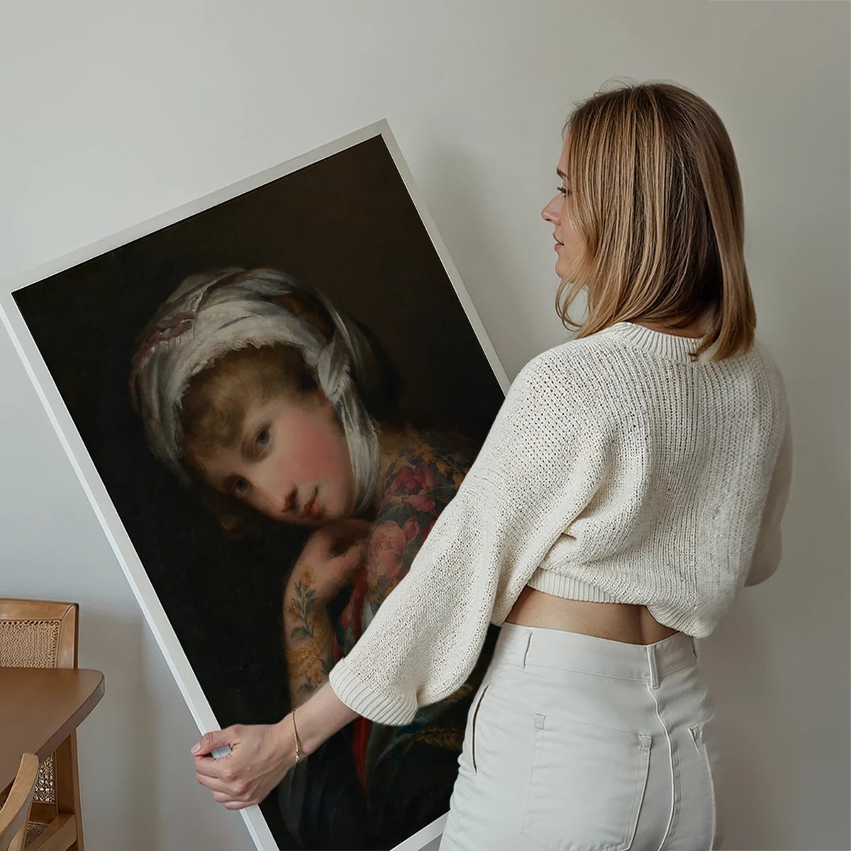 Tattoo lady portrait print displayed on a living room wall as vintage portrait wall art
