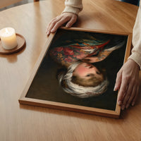 The print of a woman in a floral shawl styled in a calm bedroom