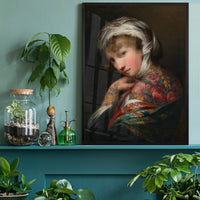 Framed floral tattooed lady portrait in a home office or study