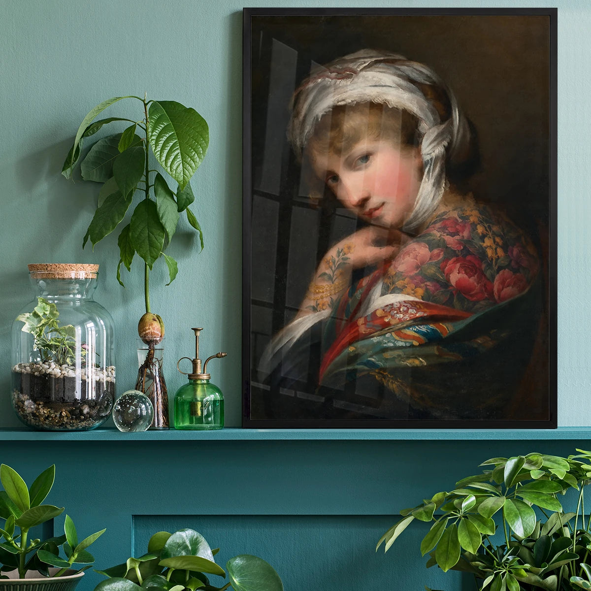 Framed floral tattooed lady portrait in a home office or study