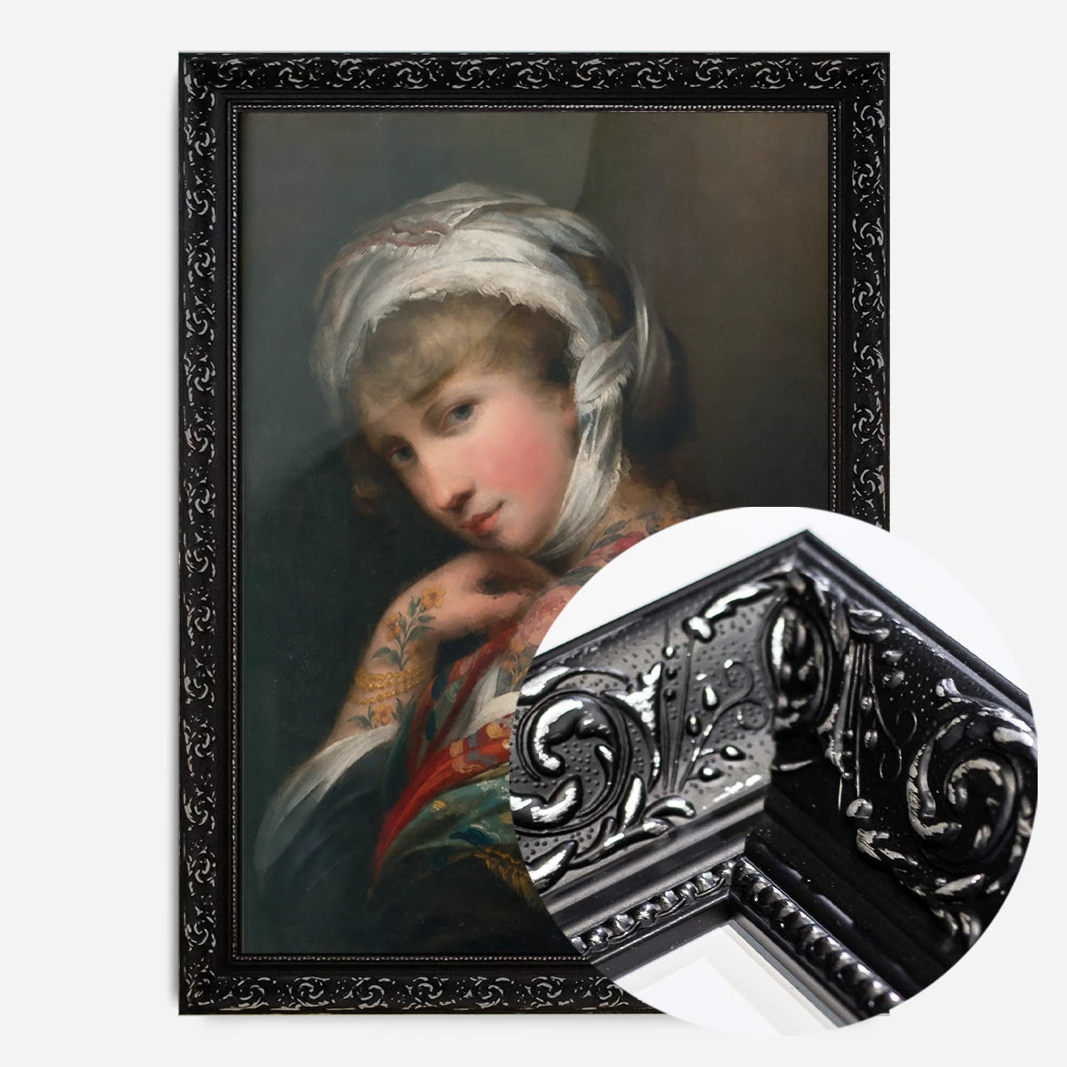 floral tattooed lady portrait print in a black ornate frame, side profile