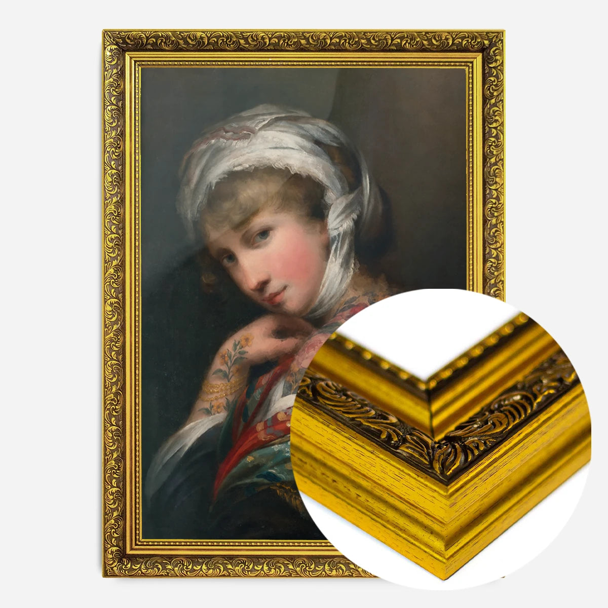 floral tattooed lady portrait print in a gold ornate frame, side profile