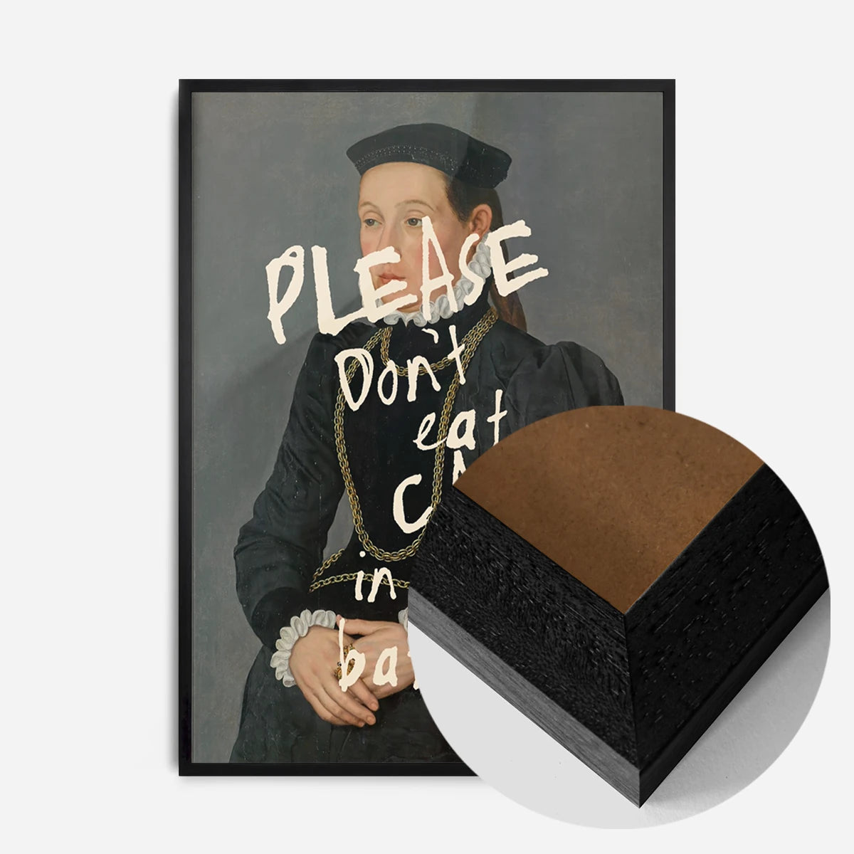 altered portrait cake quote print in a black wood frame, side profile