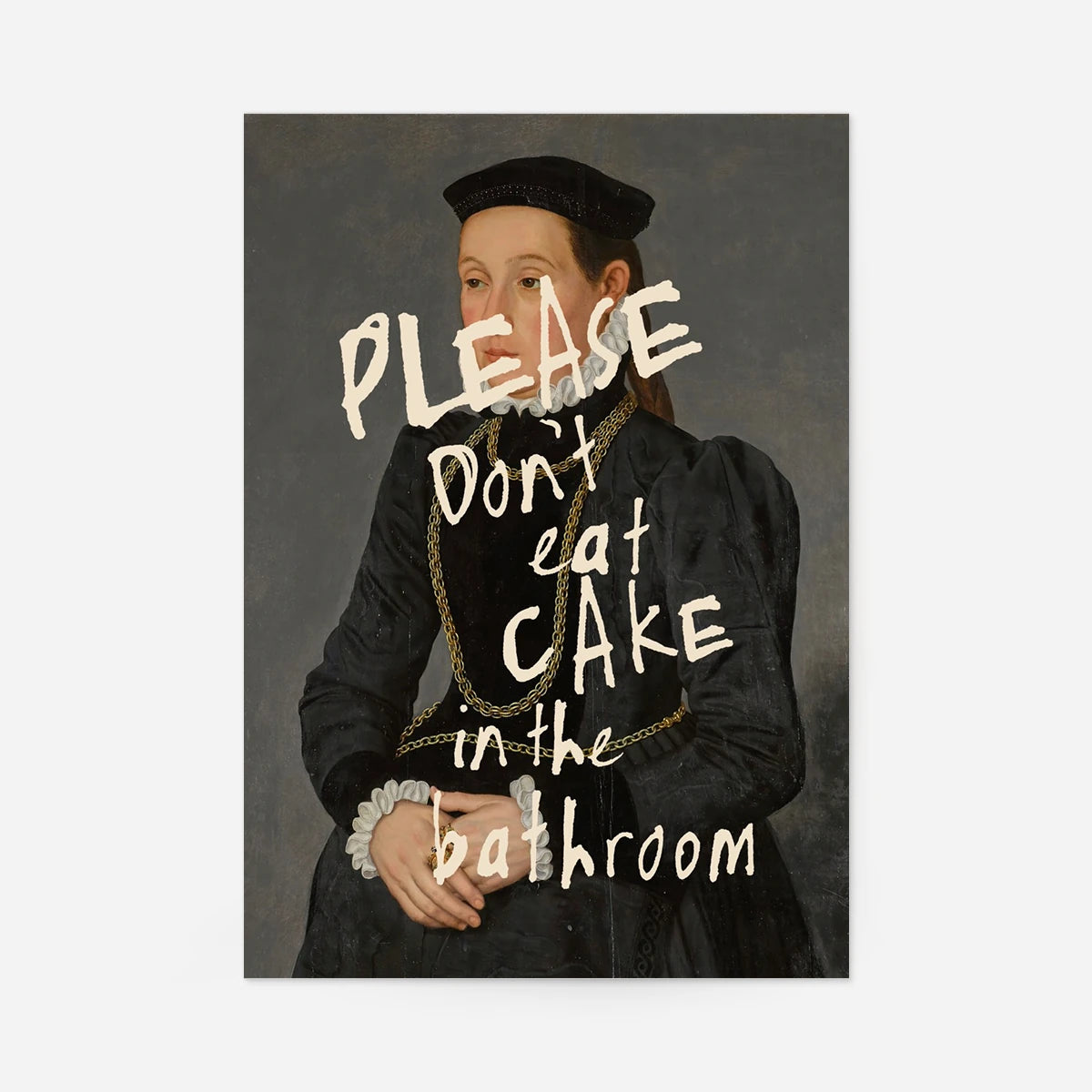 Funny cake quote art print: classic portrait with hand-lettered "Please don't eat cake in the bathroom" text