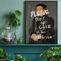 Altered portrait cake quote print in a home office