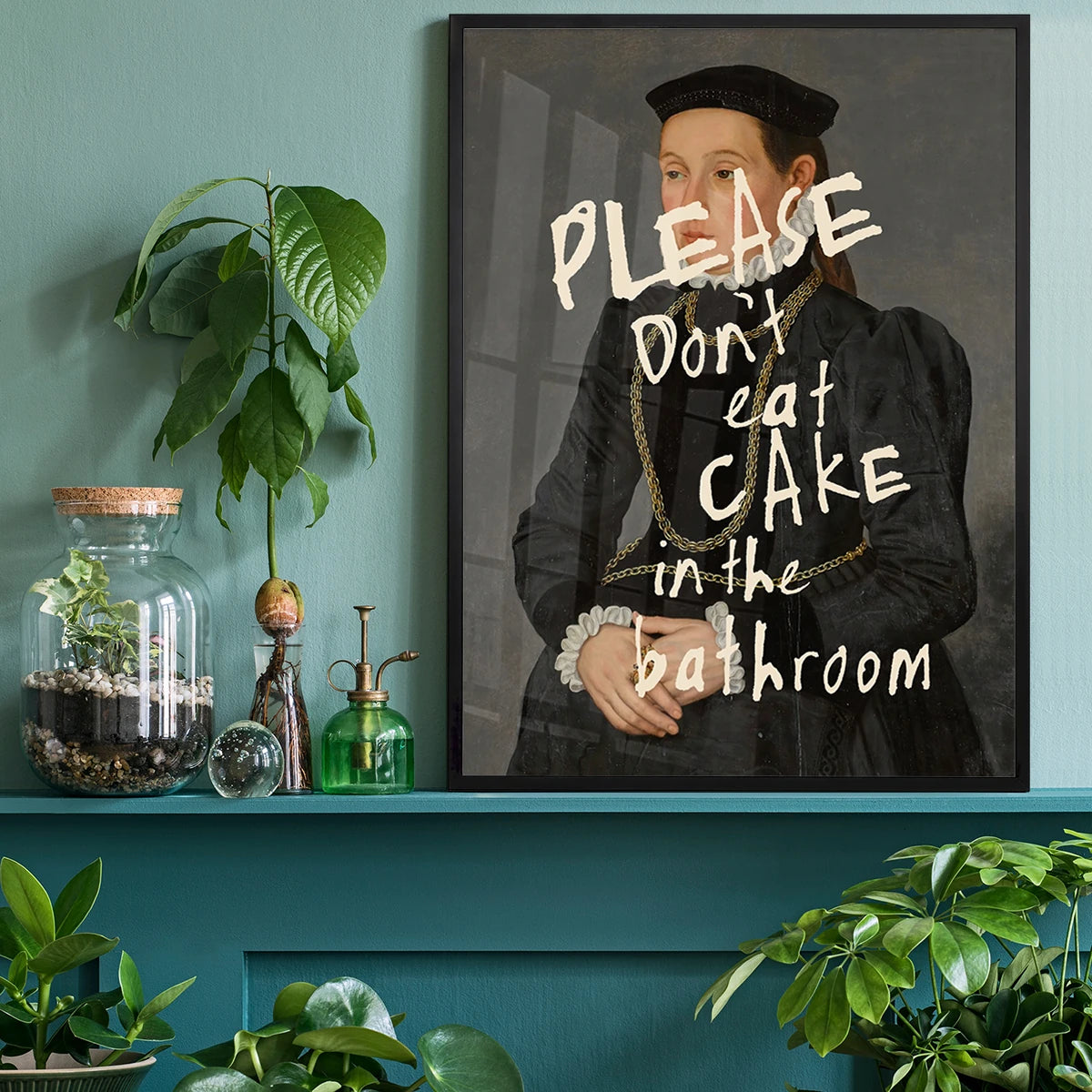 Altered portrait cake quote print in a home office