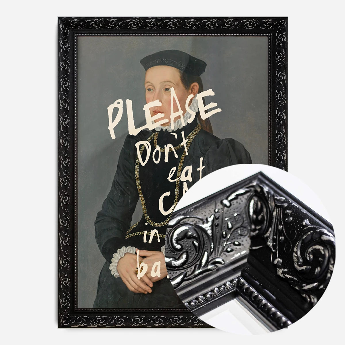 altered portrait cake quote print in a black ornate frame, side profile