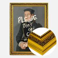 altered portrait cake quote print in a gold ornate frame, side profile