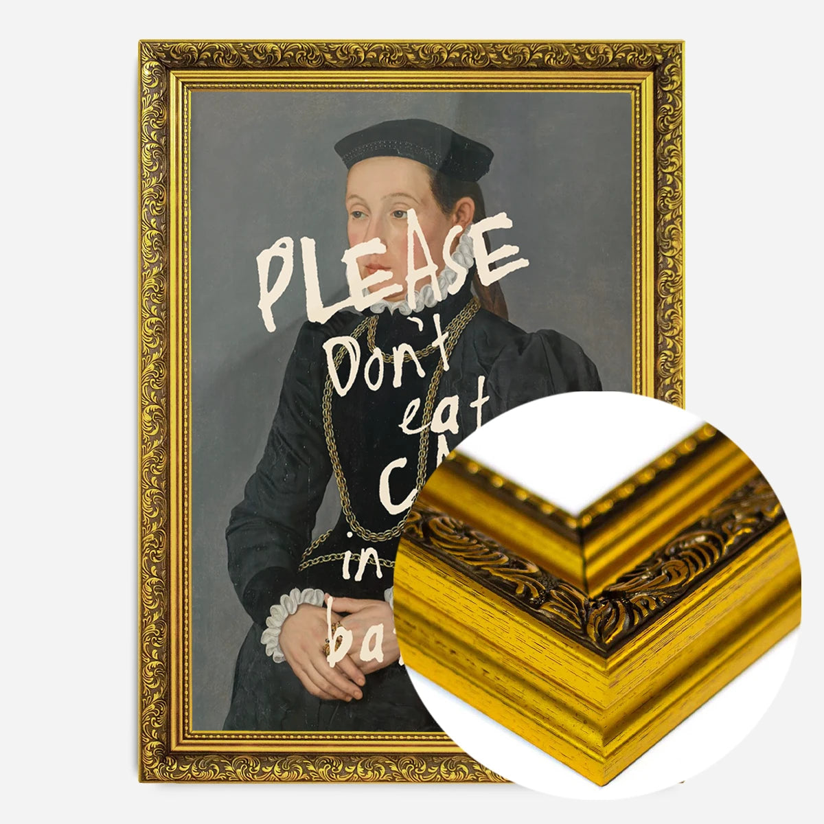 altered portrait cake quote print in a gold ornate frame, side profile