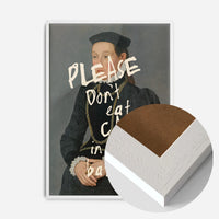 altered portrait cake quote print in a white wood frame, side profile