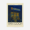 Van Gogh gregg print: Sausage Roll Nights, a swirling blue and gold painted Greggs shopfront at night