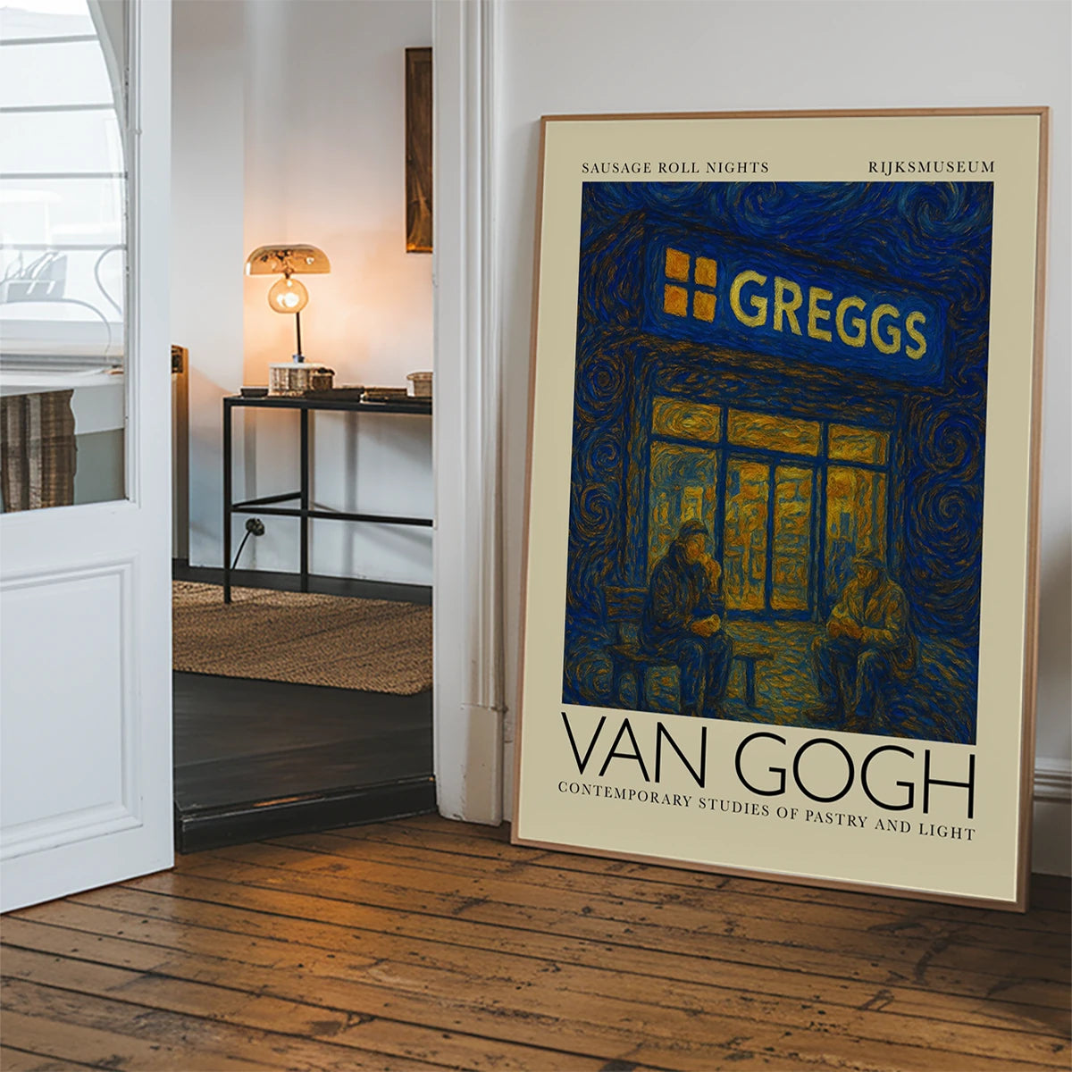 Van Gogh style Greggs night scene framed in a bright hallway