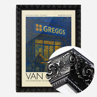Van Gogh style Greggs night scene print in a black ornate frame, side profile
