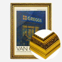 Van Gogh style Greggs night scene print in a gold ornate frame, side profile