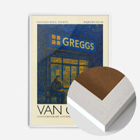 Van Gogh style Greggs night scene print in a white wood frame, side profile