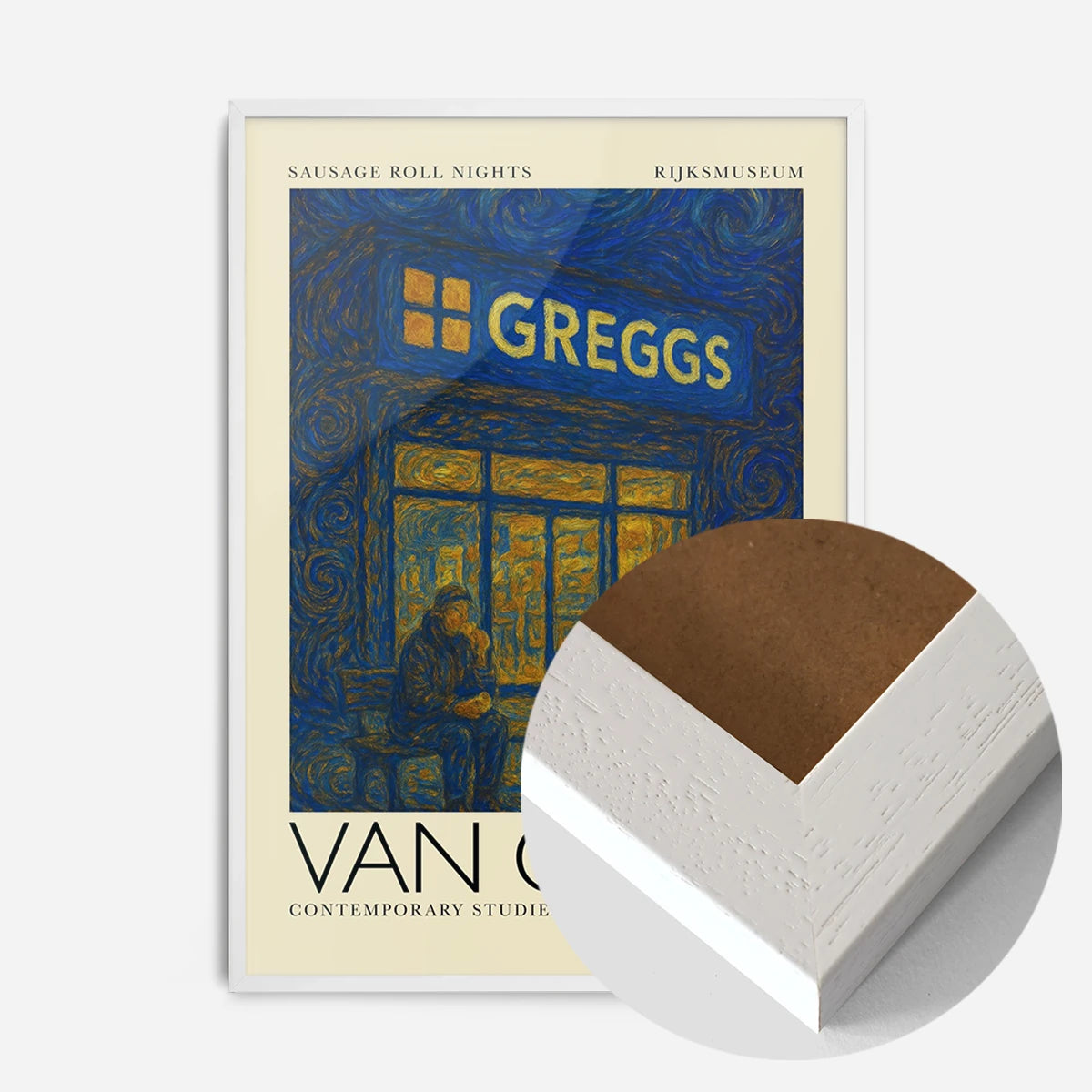 Van Gogh style Greggs night scene print in a white wood frame, side profile
