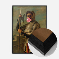 bubblegum blowing knight portrait print in a black wood frame, side profile