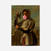 Knight blowing bubblegum print: armoured guard with halberd blowing a pink bubble in a classic painting style