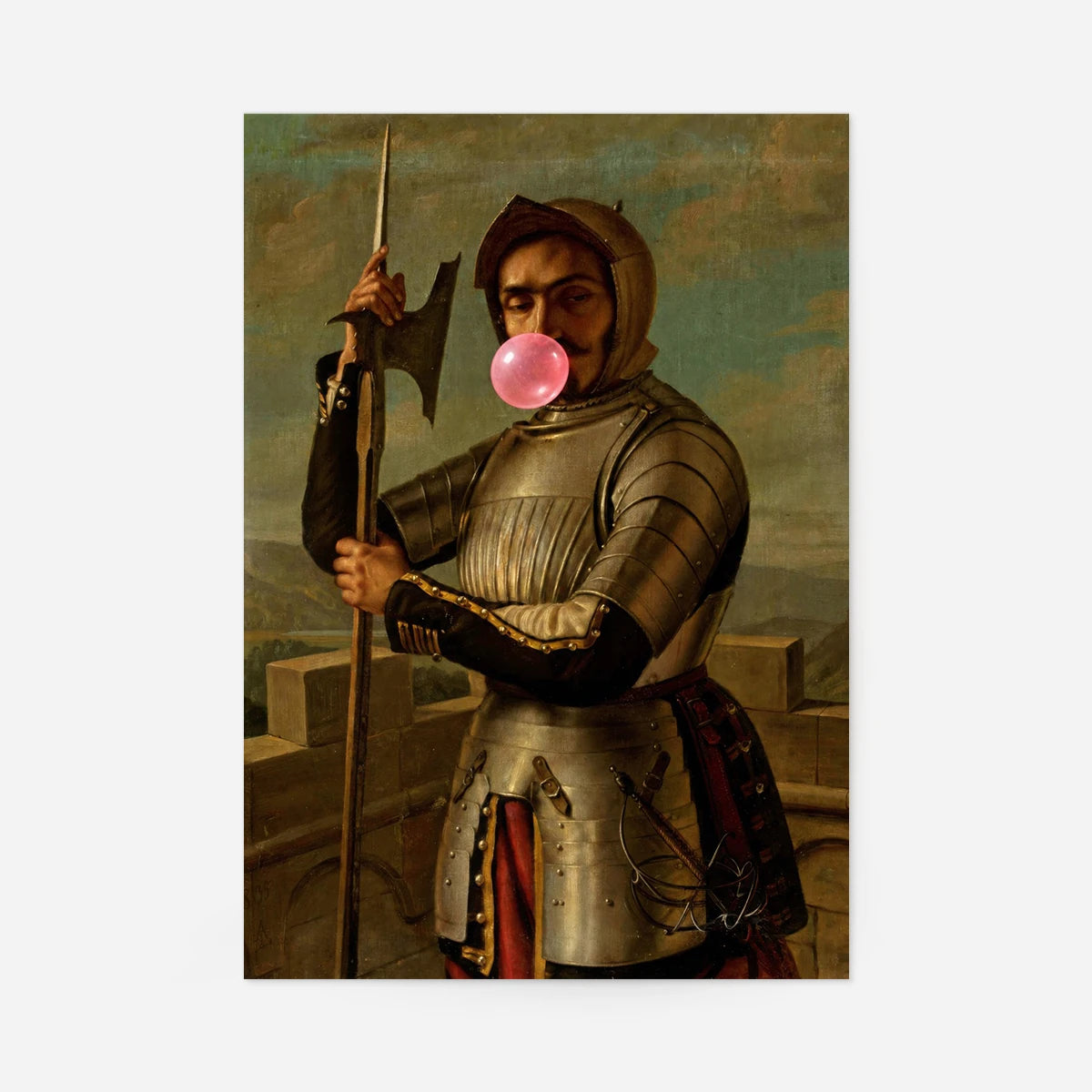 Knight blowing bubblegum print: armoured guard with halberd blowing a pink bubble in a classic painting style